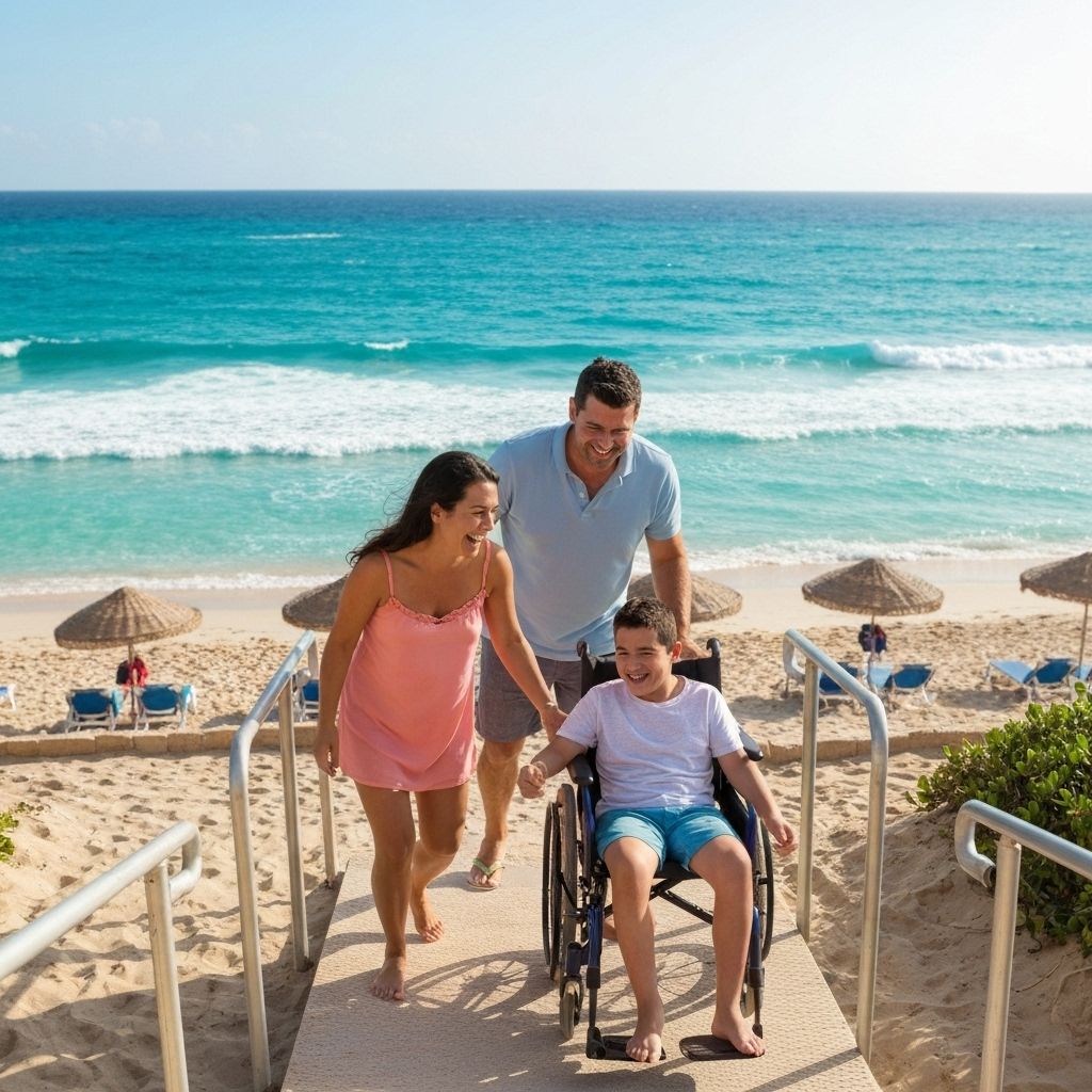 Happy family enjoying an accessible beach vacation
